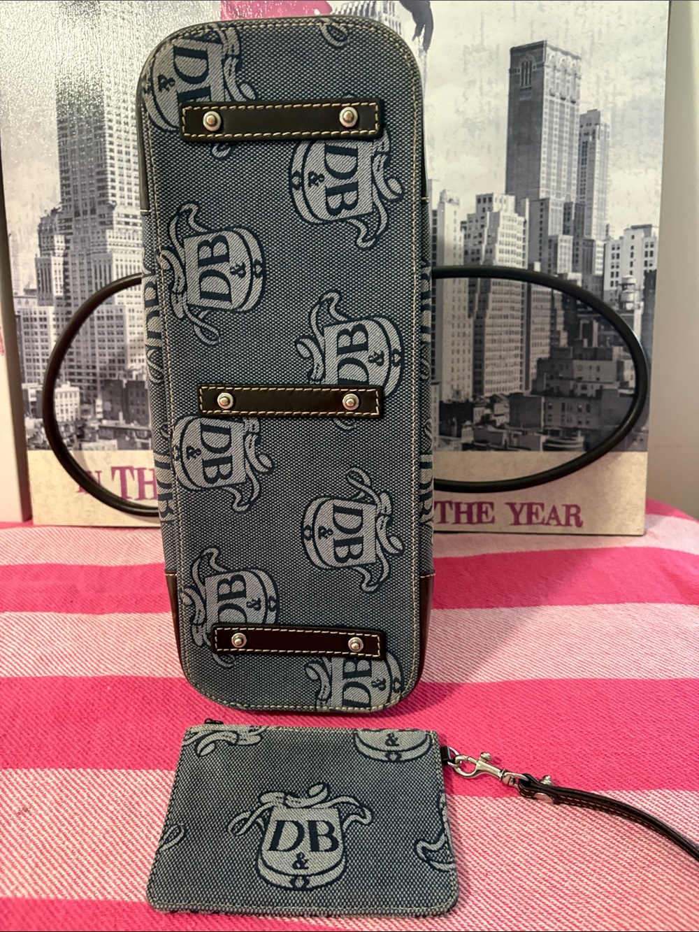 Dooney & Bourke denim blue Logo Satchel with Brown Trim and Matching Wristlet - Picture 5 of 15